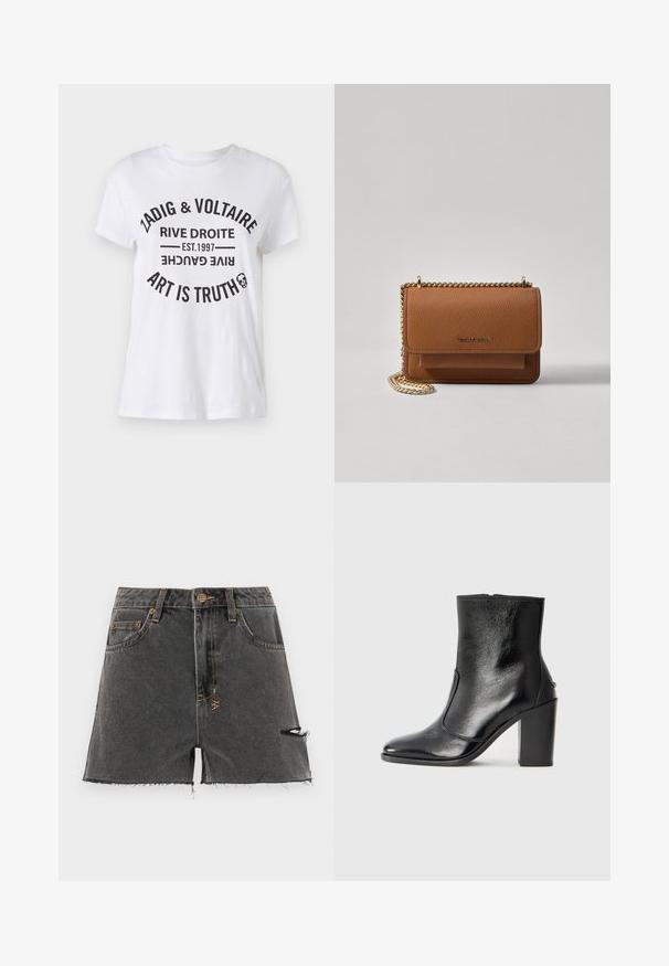 Bela bombažna majica z drznim črnim besedilom, ki vsebuje ime blagovne znamke, lokacijo, leto ustanovitve in slogan v krožni postavitvi. Okrogla ovratnica.; Denimske kratke hlače v temno sivi barvi z raztrganim robom, obrabljenimi detajli in kontrastnim rumenim šivanjem. Imajo tradicionalne žepe in sprednji gumb.; Črne usnjene gležnarske čevlje z gladko teksturo, koničastim nosom in debelim visokim petam. Imajo stransko odprtino in minimalističen dizajn.; Rjava teksturirana usnjena torba čez ramo z zlatim verižnim trakom in zapiranjem na pokrov. Spredaj je vidna podrobnost logotipa in žep pod pokrovom.