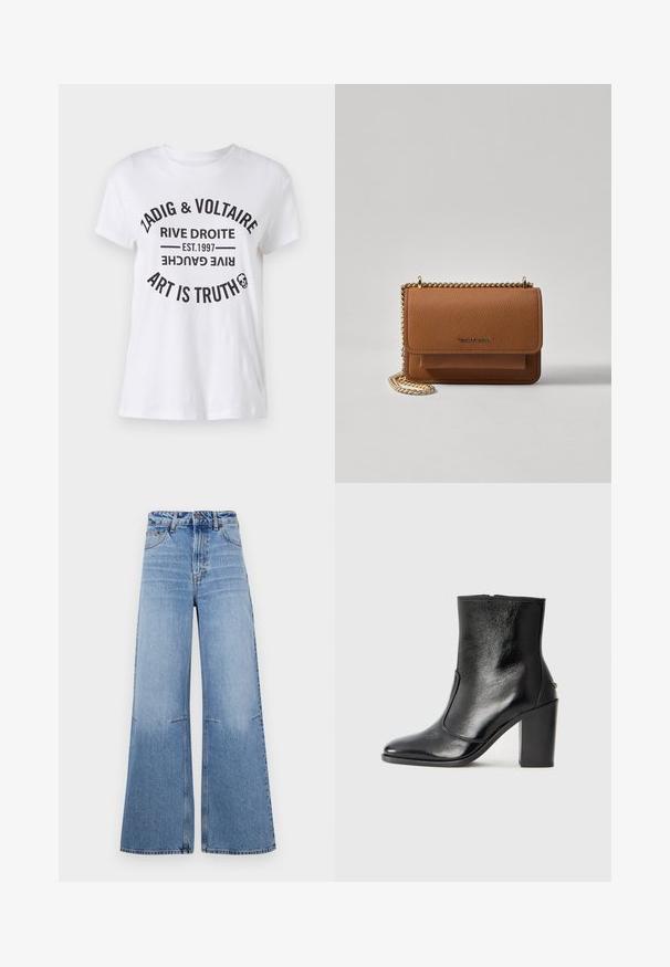 Valge puuvillane T-särk, millel on julge must kiri, kus on brändi nimi, asukoht, asutamise kuupäev ja loosung ringikujuliselt. Ümar kaelus.; Heledad sinine laia säärega denimid, kõrge vöökoha ja esiühega, millel on vertikaalsed õmblused, mis jooksevad mööda jalgu.; Must kõvale nahast pahklipsu saapad, millel on sile tekstuur, terav varvas ja paks kõrge kann. Omab külgavatust ja minimalistlikku disaini.; Pruun tekstureeritud nahk ristkeha kott kuldse ahelaga rihmaga ja klapiga sulgemine. Esiküljel on logo detail ja tasku klapi all.