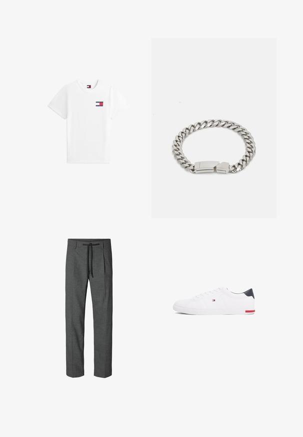 Camiseta de algodón blanca con cuello redondo, que presenta un pequeño parche de logo en rojo, blanco y azul en el lado izquierdo del pecho. Mangas cortas, ajuste clásico.; Pantalones grises a medida con un patrón texturizado, que cuenta con una cintura con cordón y dos bolsillos laterales. Diseño de pierna recta, sin puños.; Zapatillas bajas blancas de piel suave. Presentan una capucha en el talón de color marino y un acento rojo en la suela. Seis ojales para los cordones.; Calvin Klein ELECTRIC - Pulsera - silver-coloured