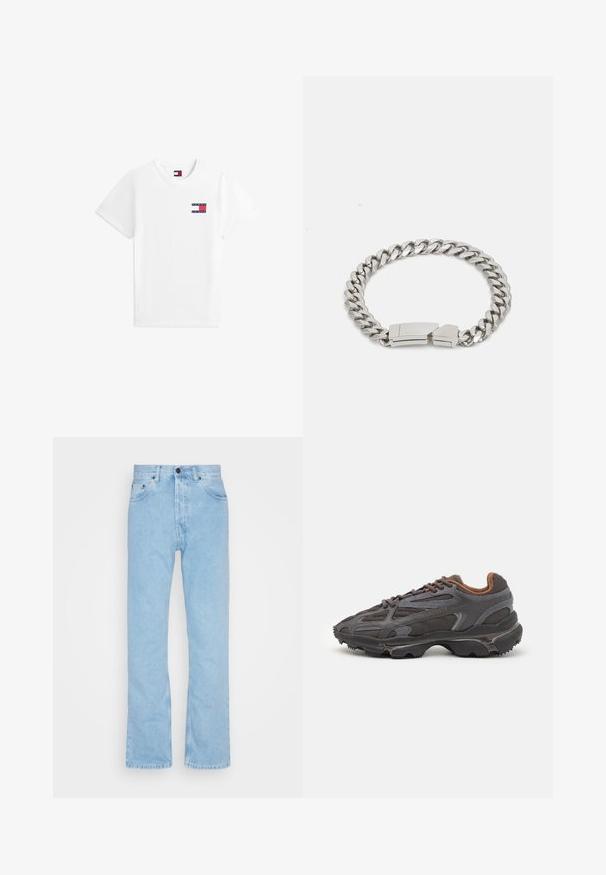 Valge puuvillane T-särk, ümar kaelus, millel on vasakul rinnal väike punase, valge ja sinisega logopatch. Lühikesed varrukad, klassikaline lõige.; Heledad sinise denimi teksad, sirgete jalgadega, kõrge talje ja viie taskuga disain. Omab nupuvajutust ja peent kulumist kangal.; Tumed hallid Lacoste tossud, mis on valmistatud võrkkangast ja sünteetilisest materjalist, omavad tekstureeritud talla ning pruune aktsente kaeluse ja brändingu juures.; Calvin Klein ELECTRIC - Käevõru - silver-coloured