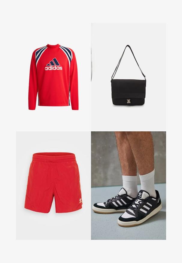 Raudona ilgomis rankovėmis sportinė marškinė, turinti tinklinę tekstūrą, tamsiai mėlynas ir baltas juosteles bei centriniu juodu Adidas logotipu.; Raudoni maudymosi šortai, pagaminti iš lengvos medžiagos, su elastingu juosmeniu, lygiu paviršiumi ir mažo balto logotipo, esančio apatiniame kairiajame kampe.; Juodos ir baltos sportinės bateliai su zomšiniu ir odiniu viršumi, su trimis baltomis juostelėmis, perforuota koja ir guminėmis padais.; Juodas pranešėjo krepšys, pagamintas iš lygaus medžiagos, su užkloto dangčiu, sidabrine užsegimo aparatūra ir reguliuojama petneša.