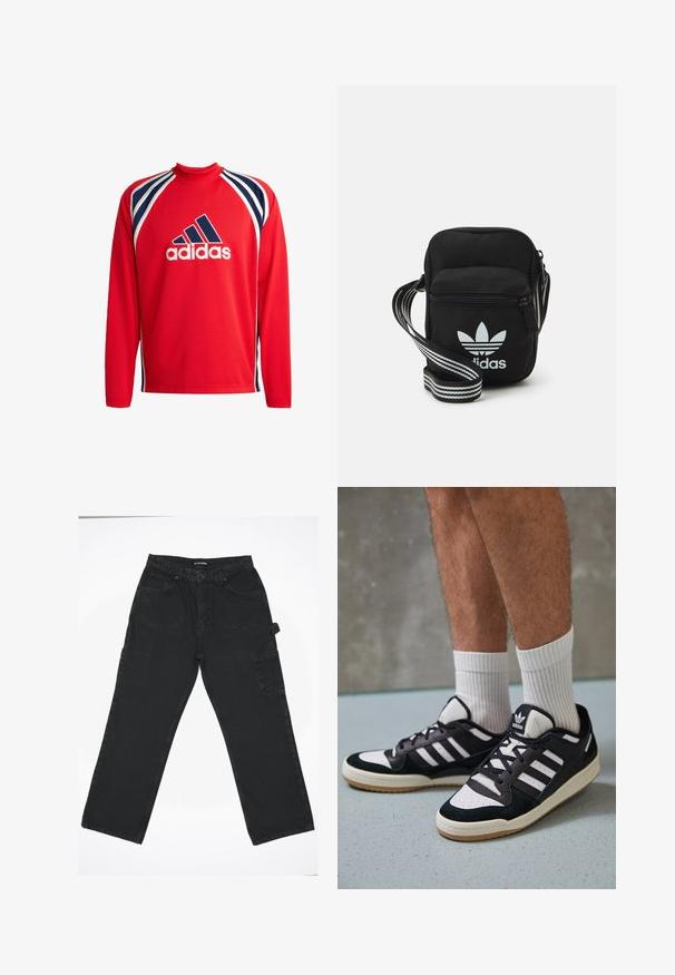 Rde dolge rokave športna majica z mrežasto teksturo, mornarsko modrimi in belimi črtami ter osrednjim črnim logotipom Adidas.; Črne jeans hlače z ravnim krojem, ki vključujejo sprednje zapiranje na gumb, zadnje žepe in stranski žep za tovor.; Črno-bele superge z zgornjim delom iz usnja in nubuka, ki imajo tri bele črte, perforiran vrh prstov in podplat iz gume.; Črna tkaninska torbica čez ramo z zadrgo, ki vsebuje belo Adidasovo logo in pridelano naramnico z več črtami za enostavno nošenje.