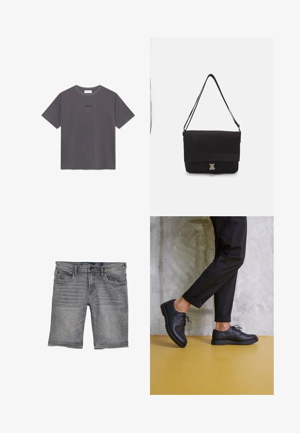 Tumši pelēks īsaiem piedurknēm t-krekls ar apaļu kaklu un nelielu, smalku teksta logo, kas atrodas vidū uz krūtīm.; Pelēki džinsi šorti ar taisnu griezumu, pieci kabatas, pogu un rāvējslēdzēja aizdare un viegla izbalēšana audumā. Izmērs M.; Melnas ādas sakaltas kurpes ar noapaļotu purngalu, teksturētu virsmu un biezu gumijas zoli. Valkātas ar sarullētām melnām biksēm uz betona fona.; Melna sūtītāja soma, izgatavota no gludas materiāla, ar nolocamu vāku, sudraba sprādzi un regulējamu plecu siksnu.