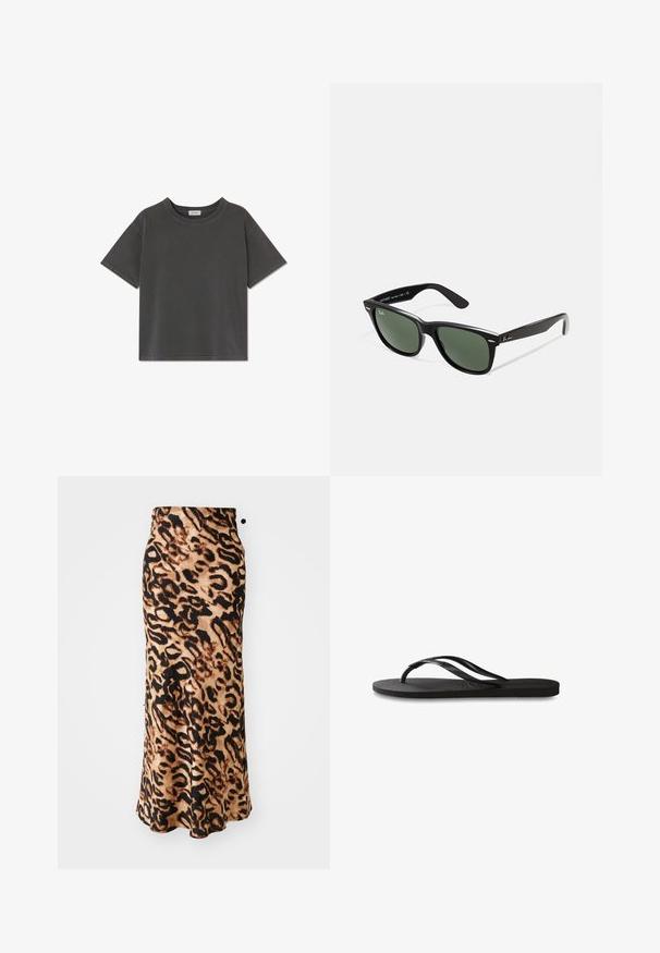 Siva bombažna majica s kratkimi rokavi, okroglo izrezana in sproščenega kroja. Površina je gladka, šivi pa so vidni ob robovih.; Maksi krilo v leopardjem vzorcu z oprijetim pasom, izdelano iz mehkega materiala, z odtenki rjave in črne barve v lahkotni A-linjasti silhueti.; Črne natikače z teksturirano gumijasto podlogo, dvema ozkima trakoma in subtilnim, vtisnjenim logom na traku.; Črne plastične sončna očala z zelenimi lečami, kvadratni okvirji, srebrni detajl na obrvi in teksturirani ročaji. Blagovna znamka navedena na notranji strani ročaja.