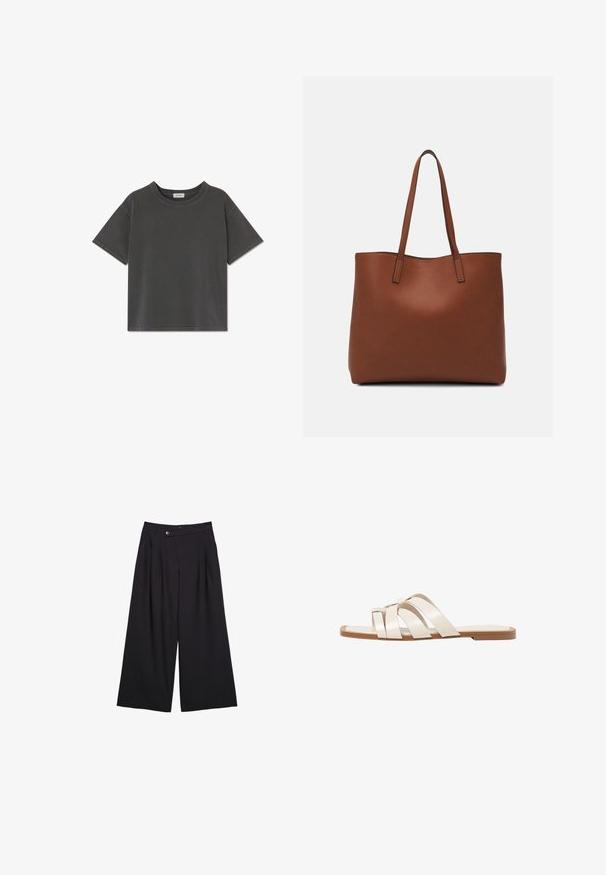 Grijze katoenen t-shirt met korte mouwen, ronde halslijn en een losse pasvorm. De oppervlakte is glad, de stiksels zijn zichtbaar langs de randen.; Zwarte wijde broek van gladde stof, met voorplooien, een knoopsluiting en een hoge taille.; Vlakke sandalen met een tan rubberen zool, ontworpen met drie overlappende witte leren banden en een kleine strikdetail in het midden.; Bruine leren tote bag met een gladde textuur, een ontwerp met een open bovenkant en twee schouderbanden. Kenmerkt zich door minimale stiksels en geen zichtbare hardware.
