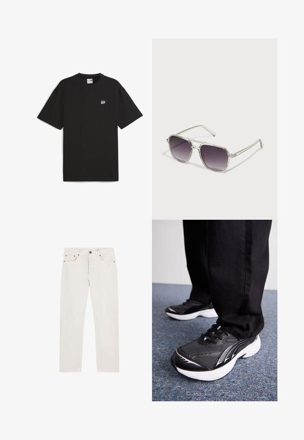 Camiseta de algodón negra de manga corta, con cuello redondo y pequeño logo blanco en el pecho. Ajuste simple y relajado.; Un par de jeans de mezclilla en color blanco roto con corte recto, cinco bolsillos y detalles en negro en la parte delantera. Textura suave.; Zapatillas deportivas negras con tejido de malla, suela blanca y acentos negros. La suela tiene un diseño texturizado. Usadas con pantalones negros sobre una superficie de moqueta azul.; Gafas de sol con montura transparente en forma cuadrada y lentes gris degradado. Delicados acentos plateados en las patillas añaden detalle.