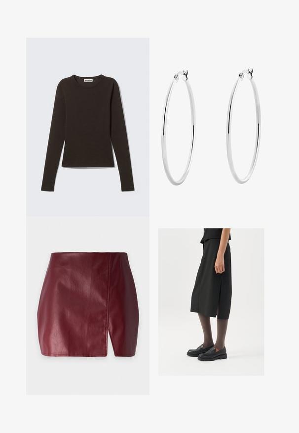 Tričko s dlhým rukávom a okrúhlym výstrihom v tmavohnedej farbe, vyrobené z hladkého bavlneného dresu s priliehavým strihom a minimalistickým dizajnom.; Burgundská mini sukňa vyrobená z hladkej kože, s predným rozparkom, vysokým pásom a elegantným, priliehavým dizajnom. Žiadne viditeľné kovania ani vzory.; Čierna sukňa po kolená so bočným rozparkom, skombinovaná s čiernymi mokasínami a priehľadnými hnedými pančuchami, s hladkým materiálom a jednoduchým dizajnom.; Strieborné kruhové náušnice s hladkým, lesklým povrchom a tenkým, kruhovým tvarom. Dizajn obsahuje bezpečné zapínanie.