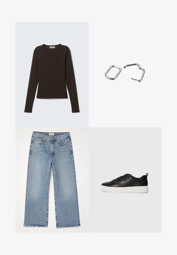 Langermet genser med rund hals i mørk brun, laget av glatt bomullsjersey med en tettsittende silhuett og et minimalt design.; Agolde HARPER CROP - Wide leg - blue; Svart lavt skinnsneaker med svarte lisser og tykk hvit gummisåle, sett fra utsiden på en hvit bakgrunn.; Sølvmetallfjærklemmer, en rektangulær og en oval, med glatte overflater og avrundede kanter. Begge har blanke overflater og enkle design.