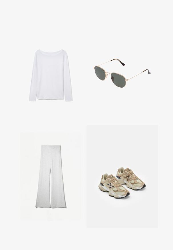 Chemise blanche à manches longues avec un décolleté large, fabriquée en tissu doux. Texture lisse, ourlet droit et sans éléments métalliques ou motifs visibles.; Pantalons larges gris clair en tissu doux, avec une taille haute et des fentes latérales pour plus de fluidité et de confort.; Baskets beiges en maille et daim. Présentent un logo noir et des accents texturés. Semelle intermédiaire blanche épaisse et semelle extérieure en caoutchouc noir.; Lunettes de soleil en métal doré avec des verres vert foncé, de style aviateur, dotées de branches fines et d'accents en écaille de tortue sur les embouts.; Sac à main en cuir blanc avec ferrures dorées, doté d'un rabat et d'une bandoulière amovible et réglable. Ornement métallique rond au centre.