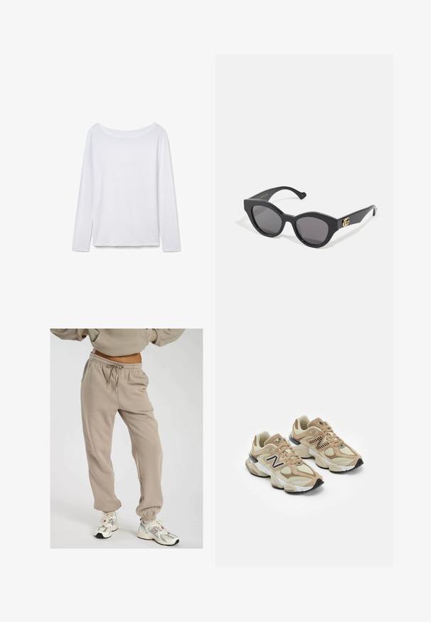 Biała koszula z długim rękawem i szerokim dekoltem, wykonana z miękkiego materiału. Gładka tekstura, proste wykończenie i brak widocznych elementów metalowych lub wzorów.; Beżowe dresy wykonane z miękkiego materiału, z elastycznym pasem w talii ze sznurkiem, kieszeniami po bokach i zwężanymi mankietami przy kostkach.; Beżowe sneakersy z siateczki i zamszu. Zawierają czarne logo i teksturowane akcenty. Gruba biała środkowa podeszwa i czarna gumowa podeszwa.; Czarne okulary przeciwsłoneczne w kanciastej formie kociego oka, z ciemnymi szkłami. Złoty akcent logo na zauszniku. Gładka plastikowa oprawka.