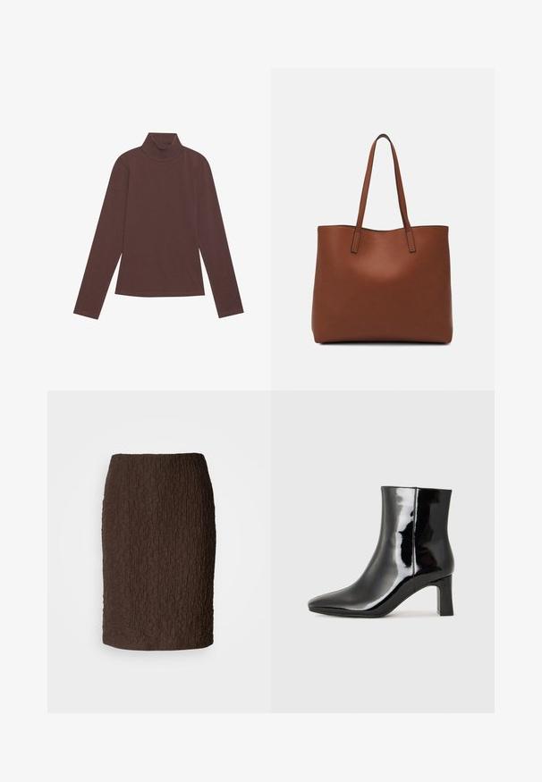 Pull à col roulé marron à manches longues en tissu tricot doux. Il présente une silhouette ajustée et des détails de couture minimalistes.; Jupe marron longueur genou en tissu texturé avec une surface froissée. Présente un design ajusté et ne comporte aucune fermeture ou accent visible.; Bottines en cuir verni noir avec un bout pointu et un talon block de hauteur moyenne. Texture lisse et design minimaliste.; Sac fourre-tout en cuir marron avec une texture lisse, design à ouverture supérieure et deux poignées pour le porter à l'épaule. Présente des coutures minimales et aucun matériel visible.