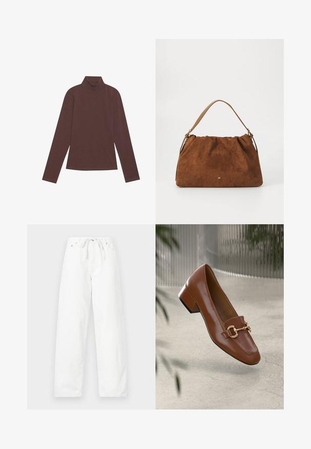 Brūns turtlenecks garām piedurknēm tops, kas izgatavots no mīksta adījuma materiāla. Izceļas ar pieguļošu siluetu un minimālu šuvju apdari.; Baltas, platajā kājās auduma bikses, kas izgatavotas no denima, ar lentes jostasvietu un divām priekšējām kabatām, ar gludu tekstūru un nevainojamu dizainu.; Brūni lakoti ādas loaferi ar kvadrātu purngalu, metālisku ķēdes akcentu un zemu blokveida papēdi; gluda tekstūra, minimālisma dizains.; Brūna zamšāda soma ar savilkšanas dizainu, kurai ir viena gaiši brūna ādas siksna un smalka zelta logo detaļa priekšpusē.