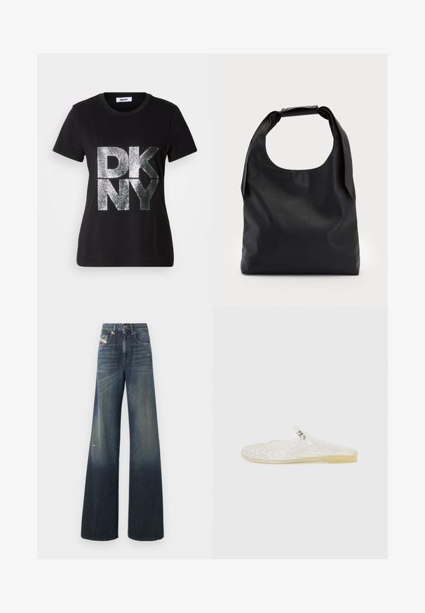 T-shirt preta de manga curta com grandes letras "DKNY" prateadas e brilhantes na frente e decote redondo.; Jeans de ganga de perna larga em azul escuro com acabamento desbotado, apresentando um joelho desgastado e um design clássico de cinco bolsos com etiqueta.; Sandalina de plástico transparente tipo slip-on com padrão em grelha, biqueira arredondada e um pequeno detalhe prateado na tira. Sola flexível em cor translúcida.; Saco hobo de couro preto com uma única alça suave e arredondada; apresenta uma textura suave e um design minimalista. Sem hardware ou acabamentos visíveis.