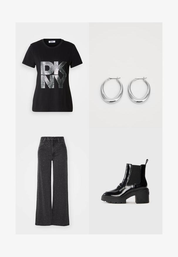 Melna īsslēguma T-krekls ar lieliem sudraba spīdīgiem "DKNY" burtiem priekšpusē un apaļu kakla izgriezumu.; Augsta vidukļa melni džinsi ar plašām kājām, ar maziem izšūtiem punktiem, piecām kabatām un metāla pogu aizdari. Izgatavoti no denima auduma.; Melnas patentētas potīšu zābaki ar masīlu papēdi, elastīgām sānu paneļiem, dekoratīvu siksnu un kontrastējošu šuvju. Gluda tekstūra ar spīdīgu apdari.; Pulētas sudraba pusmēness formas auskaru pāris ar eņģu sprādzēm uz balta fona.
