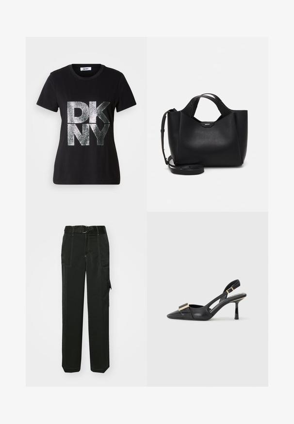 Svart T-skjorte med korte ermer, store sølvglitrende "DKNY"-bokstaver på forsiden og rund hals.; Svart cargo bukser med en tettsittende midje, beltehemper, flere lommer, synlige sømdetaljer og en løs, rett ben design.; Svart skinn slingback-sko med spiss tå, slank hæl og gullfarget detalj på vampen. Glatt tekstur og strukturert design.; Svart skinnhåndveske med teksturert finish, vinklet form, doble håndtak og justerbar skulderrem. Har et DKNY-logo som detaljer.