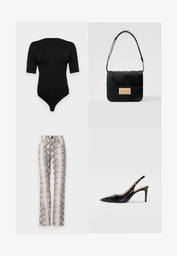Body negru cu mâneci scurte, realizat dintr-un material moale. Are un decolteu rotund și un fund cu thong, cu închidere prin capse. Textură netedă.; Pantaloni cu imprimeu de șarpe într-o paletă de culori bej și gri. Design cu picior drept, cu o finisare texturată și buzunare frontale. Prezintă o închidere cu buton.; Pantofi slingback din piele patent neagră, cu vârful ascuțit, tocul subțire și un design discret cu decupaj. Se evidențiază printr-un cataramă aurie pe curea.; Loeffler Randall DESI CROSSBODY WITH LOCK HARDWARE - Geantă crossbody - black