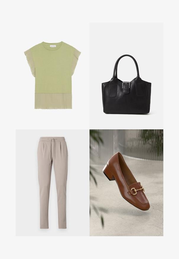 Lichtgroen top met korte mouwen en een geplooide chiffon zoom. Zachte katoenmix met een ronde halslijn en gerimpelde mouwen.; Beige joggings met een trekkoord in de taille, taps toelopende benen en geplooide details aan de voorkant. Gemaakt van zachte, lichte materialen.; Bruine lakleren loafer met vierkante neus, metallic kettingaccent en lage blokhak; gladde textuur, minimalistisch ontwerp.; Zwarte leren tote bag met een gladde textuur, gestructureerde vorm, twee handvatten en een opvallend zilveren sluitingdetail aan de voorkant.