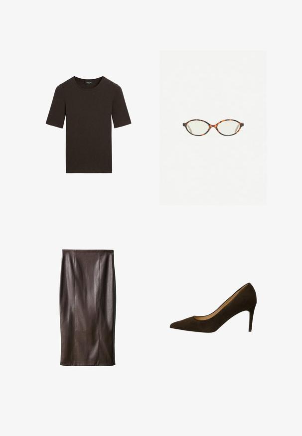 Hnědé tričko s krátkým rukávem a kulatým výstřihem, jednoduchý design s žebrovaným límcem, označeno značkou Massimo Dutti na límci.; Hnědá kožená sukně na tužku se hladkou strukturou, délka po kolena, s vertikálními švy pro design. Žádné další kovové prvky nebo akcenty.; Hnědé semišové lodičky na vysokém podpatku s špičatou špičkou, hladkým povrchem a štíhlým jehlovým podpatkem. Jednoduchý design bez viditelného kování.; Želvovinové brýle s oválnými čočkami a hladkým, jemným povrchem. Má tenké bočnice s jemným zakřivením v chrámcích. Čiré čočky.; Černá kožená kabelka přes rameno s hladkým povrchem, zakřiveným tvarem a jedním nastavitelným popruhem, který je zdoben zlatými kovovými prvky a brandovaným detailem.