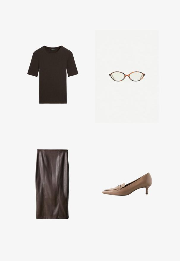 T-shirt a maniche corte color marrone scuro, con scollo rotondo, design semplice e colletto a costine, etichettato Massimo Dutti all'interno del colletto.; Gonna a matita in pelle marrone con una texture liscia, lunga fino al ginocchio, caratterizzata da cuciture verticali per il design. Senza accessori o dettagli aggiuntivi.; Décolleté beige in pelle con punta affusolata e tacco basso, caratterizzata da una fascia decorativa e una fibbia sulla parte anteriore. Texture liscia, design elegante.; Occhiali in tartaruga con lenti ovali e una finitura liscia e elegante. Presentano aste sottili con una leggera curva alle tempie. Lenti trasparenti.; Borsa a spalla nera in pelle con una texture liscia, forma curvata e una sola tracolla regolabile con hardware dorato e un accento con il logo.