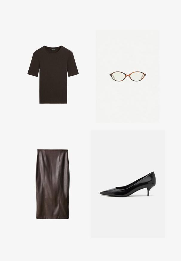 Mörkbrun kortärmad t-shirt med rund halsringning, enfaldig design med ribbad krage, märkt Massimo Dutti vid halsen.; Brun läderpenkjol med en slät textur, knälång, med vertikala sömmar för design. Ingen ytterligare hårdvara eller detaljer.; Svart lackläder hög klack skor med spetsig tå och låg stilettklack. Slät textur och minimalistisk design, inga synliga mönster eller accenter.; Sköldpaddsmönstrade glasögon med ovala linser och en elegant, slät yta. Har tunna sidor med en subtil kurva vid tinningarna. Klara linser.; Svart läderaxelväska med en slät yta, böjd form och en justerbar rem som har guldiga detaljer och en märkesbetonad accent.