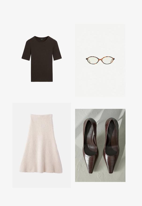 Donkerbruin t-shirt met korte mouwen en ronde hals, eenvoudig ontwerp met geribbelde halslijn, gelabeld Massimo Dutti bij de kraag.; Een lichtbeige A-lijnrok van zacht, gestructureerd materiaal, met een gladde tailleband en een vloeiende silhouet.; Bruine gepatenteerde leren hoge hakken met een spitse neus, voorzien van een krokodillenstructuur en een gladde binnenkant. Ontworpen voor een stijlvolle uitstraling.; Kattenoogbril met ovale lenzen en een strakke, gladde afwerking. Heeft dunne zijkanten met een subtiele kromming bij de slapen. Transparante lenzen.; Zwarte leren schoudertas met een gladde textuur, gebogen vorm en een enkele verstelbare schouderriem voorzien van gouden hardware en een merkaccent.