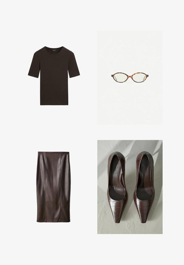Dunkelbraunes Kurzarm-T-Shirt mit Rundhalsausschnitt, schlichtes Design mit geripptem Kragen, mit dem Etikett Massimo Dutti am Kragen.; Brauner Leder-Bleistiftrock mit glatter Textur, knielang, mit vertikalen Nähten zur Gestaltung. Keine zusätzlichen Beschläge oder Akzente.; Braune Lackleder-High Heels mit spitzem Zehenbereich, die eine Krokodilhaut-Textur und ein glattes Innenfutter aufweisen. Entworfen für ein elegantes Erscheinungsbild.; Schildpatt-Eyegläser mit ovalen Gläsern und einer eleganten, glatten Oberfläche. Mit dünnen Seiten und einer subtilen Kurve an den Schläfen. Klare Gläser.; Schwarze Leder-Umhängetasche mit glatter Textur, geschwungener Form und einem einzelnen verstellbaren Tragegurt, der goldene Beschläge und ein markenbezogenes Detail aufweist.