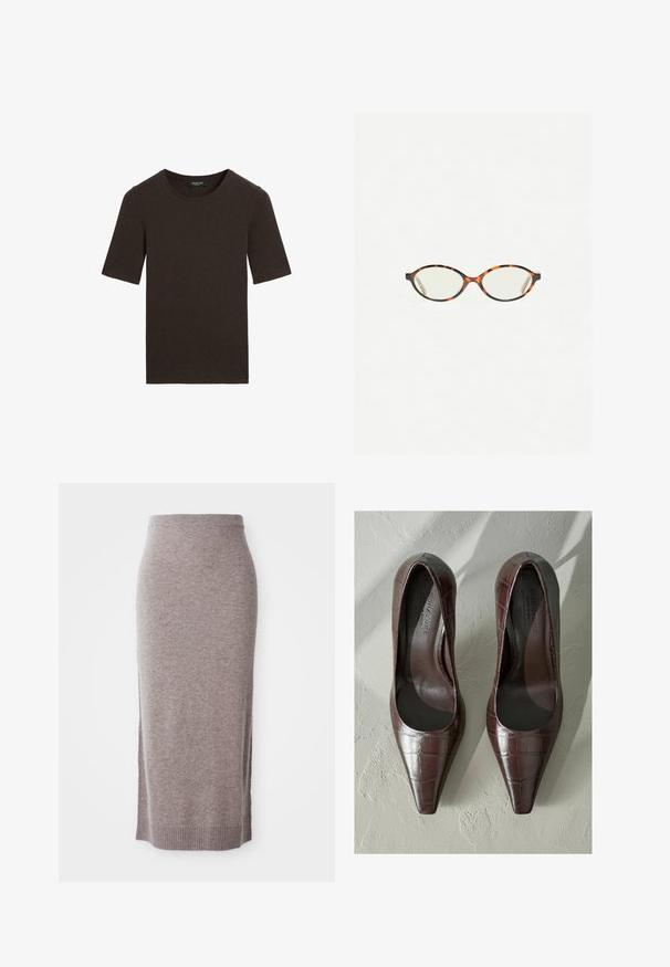 Hnědé tričko s krátkým rukávem a kulatým výstřihem, jednoduchý design s žebrovaným límcem, označeno značkou Massimo Dutti na límci.; Sukně délky po kolena v taupe barvě, pletená tužková sukně s žebrovaným pasem a spodním okrajem, s bočními rozparky pro větší pohodlí a styl.; Hnědé lakované lodičky s špičatou špičkou, se strukturou krokodýlí kůže a hladkým interiérem. Navrženo pro elegantní vzhled.; Želvovinové brýle s oválnými čočkami a hladkým, jemným povrchem. Má tenké bočnice s jemným zakřivením v chrámcích. Čiré čočky.; Černá kožená kabelka přes rameno s hladkým povrchem, zakřiveným tvarem a jedním nastavitelným popruhem, který je zdoben zlatými kovovými prvky a brandovaným detailem.