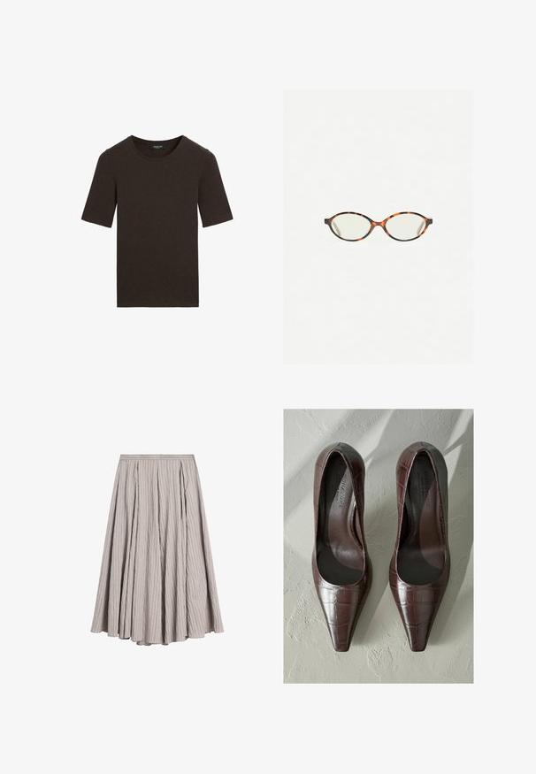 Mørkebrun kortærmet t-shirt med rund hals, enkel design med ribbet krave, mærket Massimo Dutti ved kraven.; Lys grå midi-nederdel lavet af struktureret stof med lodrette plisseringer, der har en tætsiddende talje og en svagt udstående A-linjeform.; Brune patenterede læderhøjhælede sko med spids tå, med krokodillestruktur og glat inderside. Designet til et slankt udseende.; Skildpaddebriller med ovale linser og en elegant, glat finish. Har tynde sider med en subtil kurve ved tindingerne. Klare linser.; Sort læder skuldertaske med en glat overflade, buet form og en enkelt justerbar rem, der har guldfarvet hardware og et brandet accent.