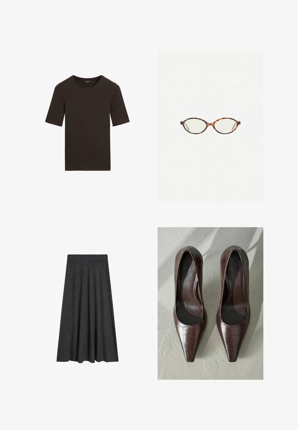 Ciemnobrązowy t-shirt z krótkim rękawem i okrągłym dekoltem, prosty wzór z prążkowanym wykończeniem dekoltu, z metką Massimo Dutti na kołnierzyku.; Rozkloszowana spódnica do kolan w ciemnoszarym kolorze, wykonana z mieszanki wełny, charakteryzująca się gładką teksturą oraz elastyczną talią dla wygody i łatwości noszenia.; Brązowe lakierowane szpilki z ostro zakończonym noskiem, z teksturą krokodyla i gładkim wnętrzem. Zaprojektowane z myślą o eleganckim wyglądzie.; Okulary w kolorze tortoiseshell z owalnymi soczewkami i gładkim, eleganckim wykończeniem. Posiadają cienkie boki z delikatnym łukiem w okolicy skroni. Przezroczyste soczewki.; Czarna skórzana torba na ramię o gładkiej fakturze, zaokrąglonym kształcie i jednej regulowanej rączce z złotym okuciem oraz markowym akcentem.