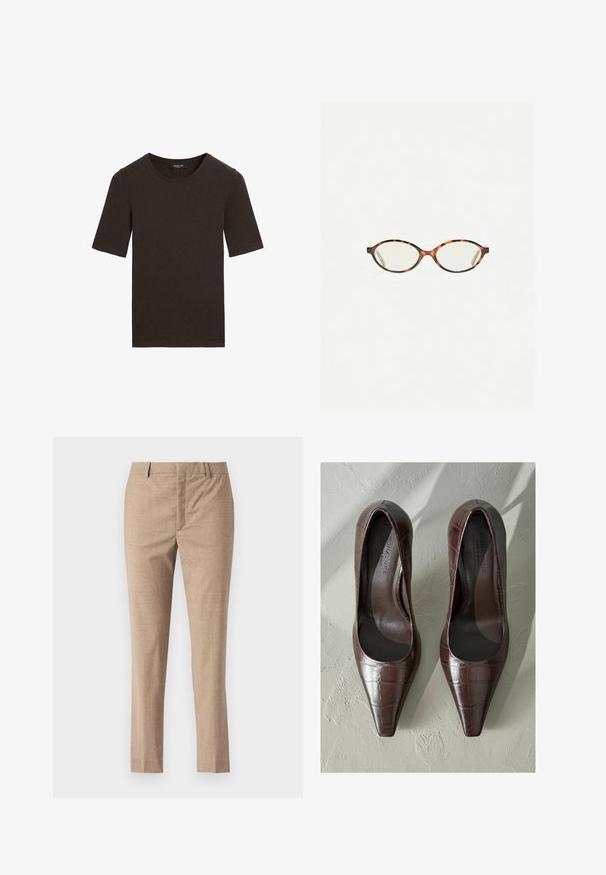 Ciemnobrązowy t-shirt z krótkim rękawem i okrągłym dekoltem, prosty wzór z prążkowanym wykończeniem dekoltu, z metką Massimo Dutti na kołnierzyku.; Beżowe spodnie dopasowane o gładkiej fakturze, proste nogawki i zamek błyskawiczny. Posiada przednie kieszenie i subtelny wzór w jodełkę.; Brązowe lakierowane szpilki z ostro zakończonym noskiem, z teksturą krokodyla i gładkim wnętrzem. Zaprojektowane z myślą o eleganckim wyglądzie.; Okulary w kolorze tortoiseshell z owalnymi soczewkami i gładkim, eleganckim wykończeniem. Posiadają cienkie boki z delikatnym łukiem w okolicy skroni. Przezroczyste soczewki.; Czarna skórzana torba na ramię o gładkiej fakturze, zaokrąglonym kształcie i jednej regulowanej rączce z złotym okuciem oraz markowym akcentem.