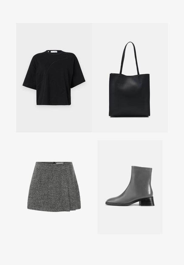 Camiseta negra de manga corta con cuello redondo, que presenta patrones de costura curvados y sutiles, y un corte relajado y amplio. Tela de algodón.; Falda gris plisada hecha de un tejido texturizado con un patrón sutil. Presenta un cierre de cremallera en la parte trasera y un diseño de cintura ajustada.; Botín de cuero gris hasta el tobillo, con punta redonda y un tacón negro corto y apilado. Textura suave con un detalle mínimo.; Bolso tote de cuero negro con textura lisa, forma rectangular y dos asas largas. Sin herrajes ni adornos visibles.