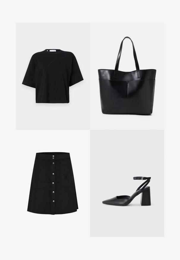 Melnas īsām piedurknēm T-krekls ar apaļu kakla izgriezumu, ar smalkām, izliekta šuvju līnijām un brīvu, kvadrātveida piegriezumu. Kokvilnas audums.; Melna A-formas svārki, izgatavoti no teksturēta auduma, ar priekšpuses pogu aizdari, divām sānu kabatām un ceļgala garuma apdari.; Melna ādas augstpapēžu kurpe ar norakstīto purngala formu, potītes siksniņu un masīlu papēdi. Gluda tekstūra, elegants dizains un minimālisma estētika.; Melnas ādas iepirkumu soma ar divām garām rokturām, gludu tekstūru un strukturētu formu. Iekļauj priekšējo kabatu papildu uzglabāšanai.