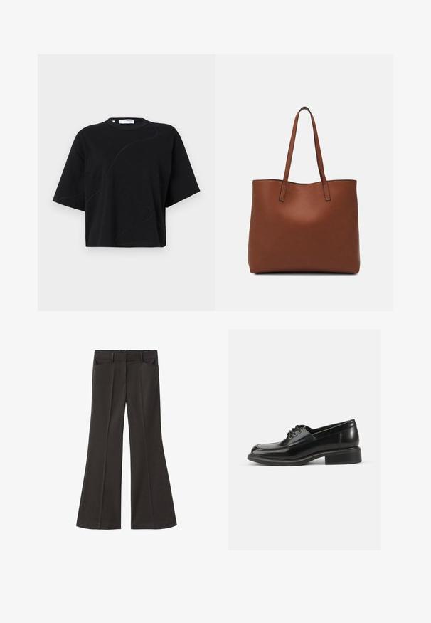 Tricou negru cu mânecă scurtă și guler rotund, având motive de coasere subtile și curbate și un croi lejer, de tip boxy. Material din bumbac.; Pantaloni evazați negri, cu talie înaltă; au două buzunare frontale și o textură de stofă netedă. Potriviți pentru diverse ocazii.; Pantofii negri din piele, cu o textură netedă, vârf rotunjit, șireturi cu două ochiuri și un toc solid de tip bloc. Design simplu, fără modele.; Geantă de umăr din piele maro cu o textură netedă, design cu vârf deschis și două curele pentru umăr. Prezintă cusături minime și fără componente metalice vizibile.