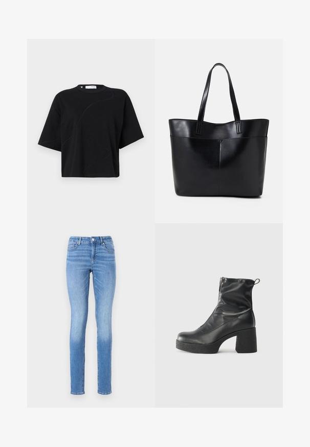Fekete, rövidujjú póló kerek nyakkivágással, finoman ívelt varrásmintákkal és lazán, dobozszerű szabással. Pamut anyag.; Kék farmerral készült, slim fit szabású nadrág, közepes magas derékkal és enyhe kopással. Kontrasztvarrás és hagyományos öt zsebes kialakítás.; Fekete bokacsizmák sima bőrből, oldalsó cipzárral, vastag, texturált sarkú és lekerekített orrú dizájnnal.; Fekete bőr bevásárlótáska két hosszú fogantyúval, sima felülettel és strukturált formával. Elülső zseb található rajta a plusz tárolás érdekében.