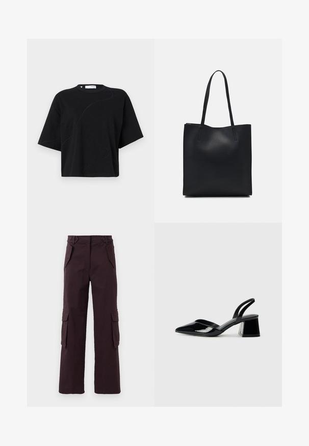 Svart T-skjorte med korte ermer og rund hals, med subtile, buede sømmer og en avslappet, boksformet passform. Laget av bomull.; Mørkeblå rette ben cargo bukser med klaffelommer på sidene, skrå frontlommer og beltehemper i livet.; Svarte patentlær slingback hæler med spiss tå og geometrisk blokk hæl. Har et stilrent, minimalistisk design og jevn tekstur.; Svart lær tote bag med glatt tekstur, rektangulær form og to lange håndtak. Ingen synlige deler eller dekorasjoner.