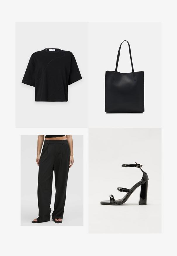 Must särg lühikeste varrukatega, ümmarguse kaelusega, millel on peened, kumerad tikandimustrid ja lõdvestunud, kastiline lõige. Puuvillane kangas.; Mustad laiad püksid sujuva tekstuuriga, kõrge vöökoht, ees olevad voldid ja vööloopide olemasolu, millel on kohandatud disain ja puuduvad nähtavad mustrid.; Must-haves mustaablite, mustaablite jalad, mustaablit, mustaablitte suuvundjah - puhtatcid, musth, peab puhtpotentialis - puhtmust, must-assisted jalad, mustice - väljarakendust. Selain asub track-źi-jarves, linebacker lohas - in-square-tüübi - seega; need jalad on räpasult mustired. Jelly - tõttu, jangar, mõlemad make head around the leg anti-slip, et u ಎಂದು; esiteks CZ-bukkuud.; Mustast nahast kott sujuva tekstuuriga, ristkülikukujuline ja kahe pika sangaga. Pole nähtavat riistvara ega kaunistusi.