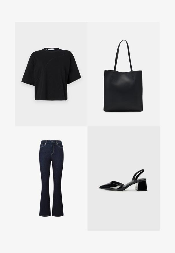 Svart T-skjorte med korte ermer og rund hals, med subtile, buede sømmer og en avslappet, boksformet passform. Laget av bomull.; Mørkeblå denim flared jeans med høy midje, fem lommer og gule sømmer langs sømmene. Glatt tekstur, vanlig passform.; Svarte patentlær slingback hæler med spiss tå og geometrisk blokk hæl. Har et stilrent, minimalistisk design og jevn tekstur.; Svart lær tote bag med glatt tekstur, rektangulær form og to lange håndtak. Ingen synlige deler eller dekorasjoner.