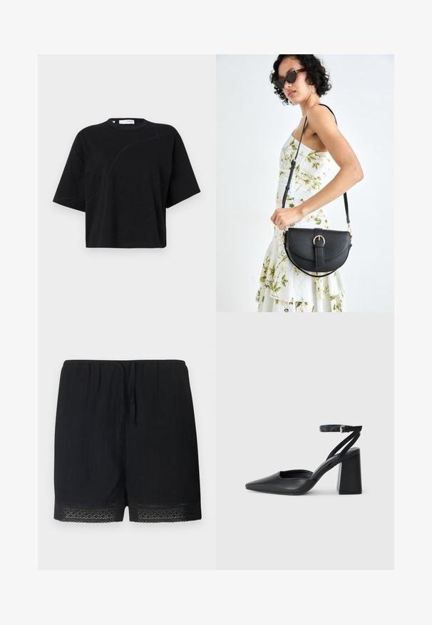 Black short-sleeve T-shirt with a round neckline, featuring subtle, curved stitching patterns and a relaxed, boxy fit. Cotton fabric.; Black shorts made of textured fabric with an elastic waistband and tie, featuring a delicate lace trim at the hem.; Black leather pointy-toe pump with an ankle strap and a chunky heel. Flat texture, sleek design, and minimalistic aesthetics.; Black leather handbag with a curved shape, detachable strap, and gold hardware. The bag features a flap with a buckle detail.