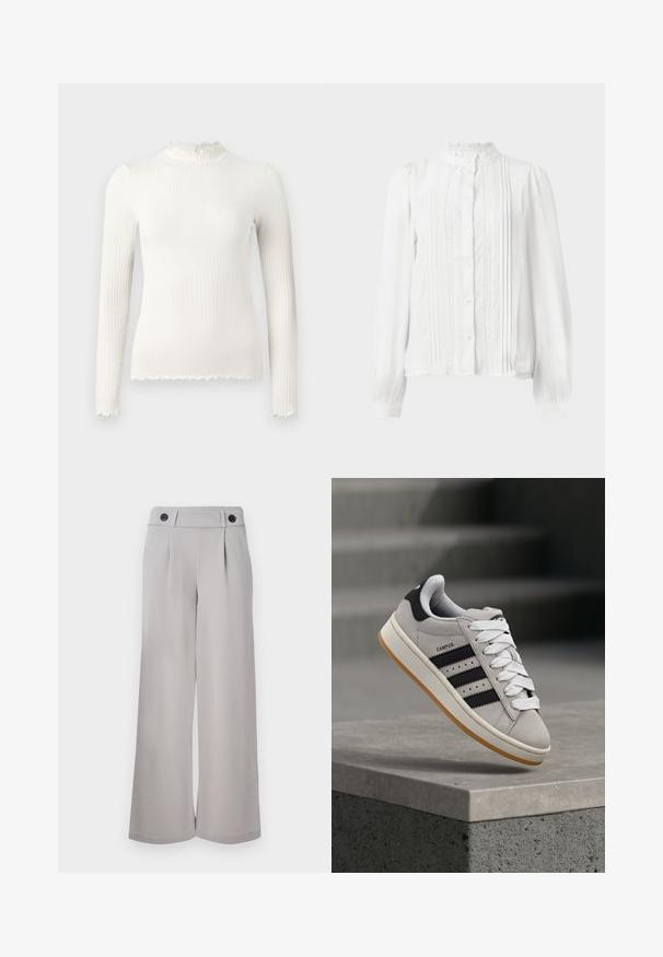 Hvit langermet ribbestrikket turtleneck-genser med rysjedetaljer på halsen og frynsete kant. Glatt tekstur, tettsittende design.; Hvit bluse med høy krage, knapplukking, folder foran og blondekant på ermene. Laget av lett stoff.; Lys grå vide bukser laget av glatt stoff, med flat front, to folder og to svarte knapper i midjen.; adidas Originals CAMPUS 00S W - Joggesko - crystal white/core black/off white