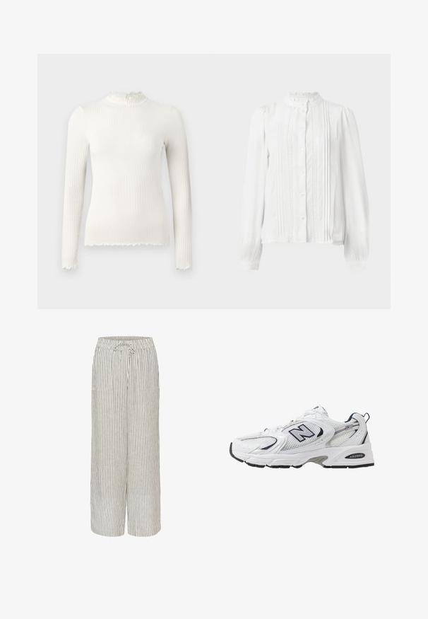 Langärmliges, weißes, geripptes Rollkragenoberteil mit einem Rüschensaum und fransigen Saumdetails. Sanfte Textur, figurbetonte Passform.; Weiße Bluse mit hohem Kragen, Knopfverschluss, Falten an der Vorderseite und Spitzenbesatz an den Ärmeln. Aus leichtem Stoff gefertigt.; Leinenmischung weite Bein-Hose mit gestreiftem Muster in Beige und Grau. Mit elastischem Bund mit Kordelzug und zwei Vordertaschen.; Weißer Sportschuh mit Mesh-Obermaterial, navyblauen Akzenten und gepolsterter Sohle. Verfügt über das "N"-Logo, Schnürsenkel und eine strukturierte Detailverarbeitung an der Seite.