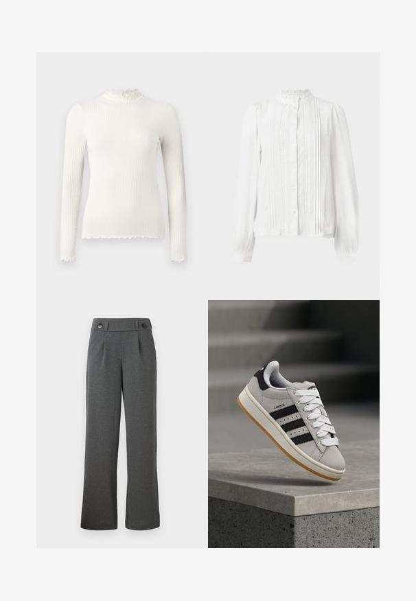 Ilgų rankovių baltas juostelėmis megztinis su raukšlėtu kaklu ir suplėšytu apvadu. Lygi tekstūra, prigludęs dizainas.; Balta bluzelė su aukštu apykaklės kraštu, mygtukų uždarymu, raukšlėmis priekyje ir nėriniuotu dekoru ant rankovių. Pagaminta iš lengvos medžiagos.; Pilkos plačios kelnes, pagamintos iš tekstūruoto audinio, su aukštu liemeniu, priekinėmis raukšlėmis ir dviem mygtukais ant liemens.; adidas Originals CAMPUS 00S W - Sportbačiai - crystal white/core black/off white