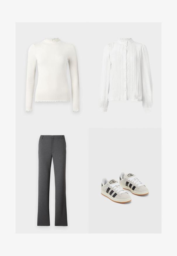 Garais piedurkņu balts ribota tērpa kakla augšdaļa ar volānu apkakli un nodilušām maliņām. Gluda tekstūra, cieši pieguļošs dizains.; Balta blūze ar augstu apkakli, pogu aizdari, pleciem uz priekšu un mežģīņu apdari uz piedurknēm. Izgatavota no viegla auduma.; Pelēki bikses ar taisnu kāju dizainu. Izgatavotas no tekstūrētas auduma, ar plakanu priekšu un jostu cilpām. Nav redzamu rakstu vai metāla detaļu.; Pelēkas zamšādas kedas ar baltām saites, melnām svītrām un baltu gumijas zoli. Raksturīga apļa logo uz mēles un gumijas zole.