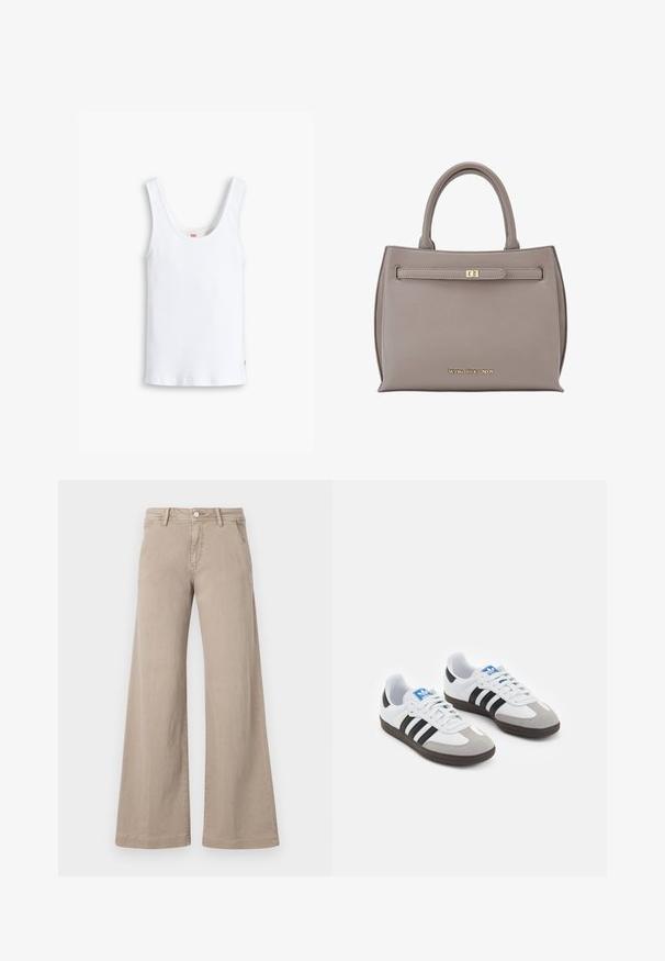 Camiseta sin mangas de algodón blanco con tirantes anchos, un escote redondeado y un dobladillo recto. Presenta una pequeña etiqueta de logo rojo en la parte inferior izquierda.; Jeans beige de pierna ancha fabricados en algodón con una textura suave, que presentan un cierre frontal con botón y un diseño estándar de cinco bolsillos.; Zapatillas deportivas con parte superior de piel blanca, puntera de ante gris y tres rayas negras. Presentan un logo azul en la lengüeta y una suela de goma texturizada.; Bolso de mano de cuero gris con forma estructurada, asas dobles, solapa frontal con cierre dorado y logo en relieve en la parte inferior.