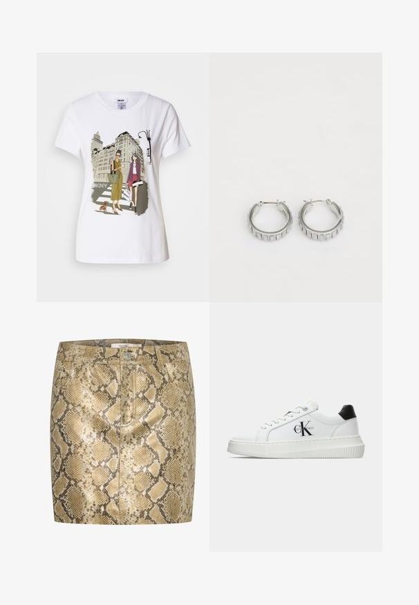 Weißes Baumwoll-T-Shirt mit einem bedruckten Motiv, das zwei Frauen in urbanen Modestilen zeigt, die mit einem Hund auf einem Zebrastreifen stehen, mit Stadtgebäuden im Hintergrund.; Schlangenprint-Minirock mit metallischem Glanz in gold- und beigetönen. Mit Knopfverschluss und frontalen Taschen. Strukturierte Oberfläche.; Weiße Low-Top-Sneaker mit schwarzem Fersenpatch, Plateau-Sohle, Schnürsenkeln und Calvin Klein "CK"-Logo an der Seite.; Silberne Creolen mit texturiertem Design und vertikalen Rillen. Kreisförmige Form mit sicherem Verschluss. Glatte Oberfläche.