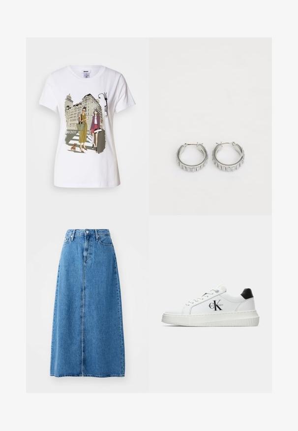 Fehér pamut póló, amelyen nyomtatott illusztráció látható két nő városi divatstílusban, egy kutyával a zebrán és városi épületekkel a háttérben.; Kék farmer maxi szoknya, elől gombos záródással, két zsebével és egyenes szabású, nyers szegéllyel. Klasszikus és sokoldalú.; Fehér alacsony szárú edzőcipő fekete saroktabbal, platform talppal, fűzőkkel és Calvin Klein "CK" logóval az oldalán.; Ezüst fülbevalók, texturált mintával, függőleges barázdákkal. Kerek forma, biztos záródással. Sima felület.