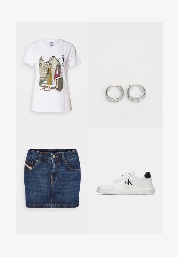 Valge puuvillane T-särk, millel on trükitud illustreerimine kahest naisest, kes kannavad linnastiili, koos koeraga ülekäigurajal ning linnamajadega.; Tumesinine teksaseelik, mis on kitsas, viie tasku ja oranžide õmblustega. Vöökoht on metallnupuga kinni.; Valge madalate sokkidega jooksutoss, millel on must konts, platvormi tallad, paelad ja Calvin Kleini "CK" logo küljel.; Hõbedased rõngassõrmed tekstureeritud disainiga, kus on vertikaalsed sooned. Ümmargune kuju ja kindel lukustus. Sile viimistlus.