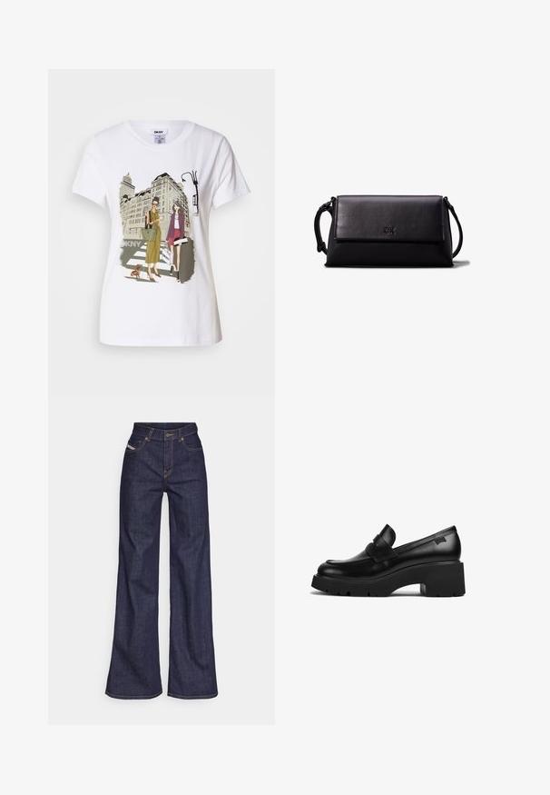 White cotton T-shirt featuring a printed illustration of two women in urban fashion styles with a dog on a crosswalk and city buildings.; Dark blue wide-leg jeans in denim fabric with a high waist, featuring orange stitching, five-pocket design, and a button closure.; Black leather chunky-heeled loafer with thick sole and a strap detail across the top, shown from the side on a white background.; Black leather clutch bag with a rectangular shape, smooth texture, a flat flap closure, and a small handle on the side. Features subtle logo.