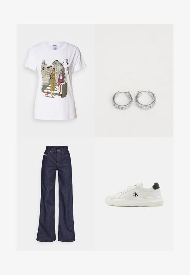 White cotton T-shirt featuring a printed illustration of two women in urban fashion styles with a dog on a crosswalk and city buildings.; Dark blue wide-leg jeans in denim fabric with a high waist, featuring orange stitching, five-pocket design, and a button closure.; White leather sneakers with a black heel cap, laced front, textured finish, and a raised white rubber sole. Features a small black logo.; Silver hoop earrings with a textured design featuring vertical ridges. Circular shape with a secure latch closure. Smooth finish.