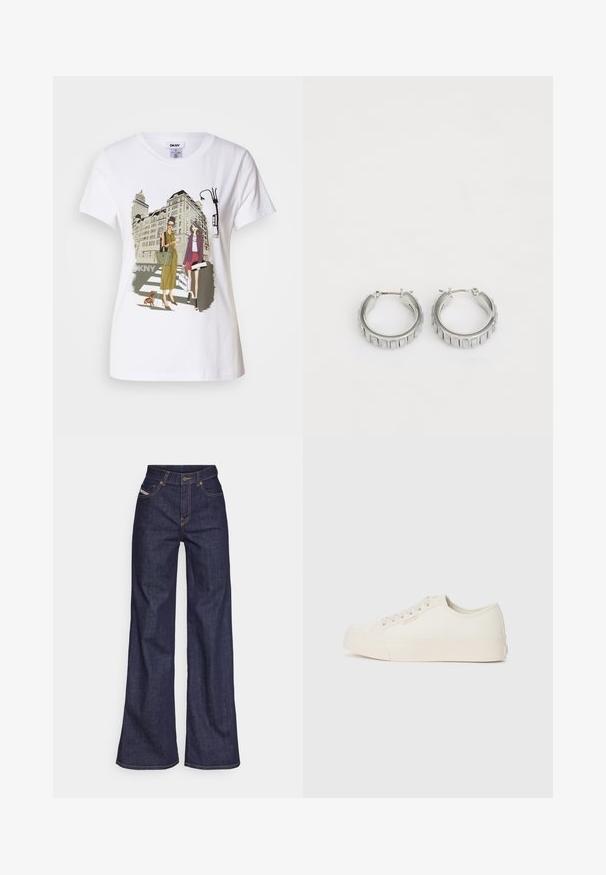 Fehér pamut póló, amelyen nyomtatott illusztráció látható két nő városi divatstílusban, egy kutyával a zebrán és városi épületekkel a háttérben.; Sötétkék, bő szárú farmernadrág, magas derékkal, narancssárga varrással, öt zsebes kialakítással és gombos zárással.; Krémfehér vászonnal készült sportcipő, amely alacsony tetejű dizájnnal, kerek orral és lapos gumitalppal rendelkezik, diszkrét varrási részletekkel.; Ezüst fülbevalók, texturált mintával, függőleges barázdákkal. Kerek forma, biztos záródással. Sima felület.