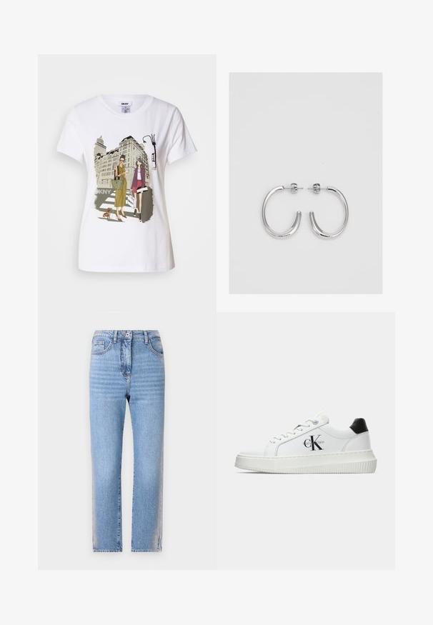 Fehér pamut póló, amelyen nyomtatott illusztráció látható két nő városi divatstílusban, egy kutyával a zebrán és városi épületekkel a háttérben.; Világoskék farmernadrág egyenes szabással, gombos és cipzáras záródással, öt zsebbel és kopottas textúrával a lábszáron.; Fehér alacsony szárú edzőcipő fekete saroktabbal, platform talppal, fűzőkkel és Calvin Klein "CK" logóval az oldalán.; Ezüst karika fülbevalók sima, fényes felülettel. Lekerekített forma, könnyű kialakítással, tűs zárómechanizmussal.